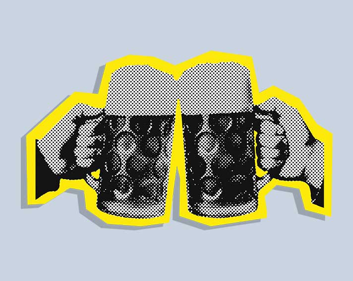 Zwei anstoßende Bierkrüge im Pop-Art-Stil